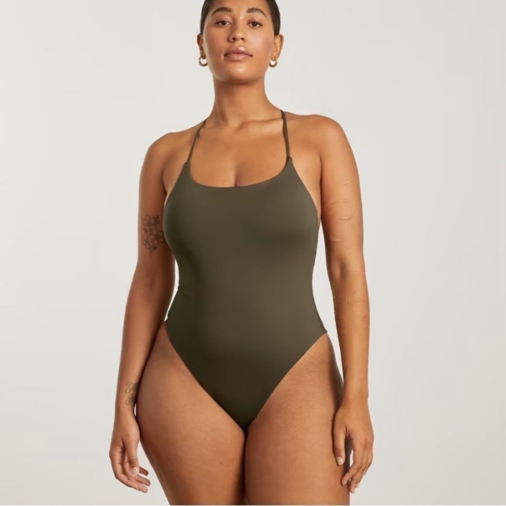 NWT EVERLANE The String One Piece Swimsuit Green Beech